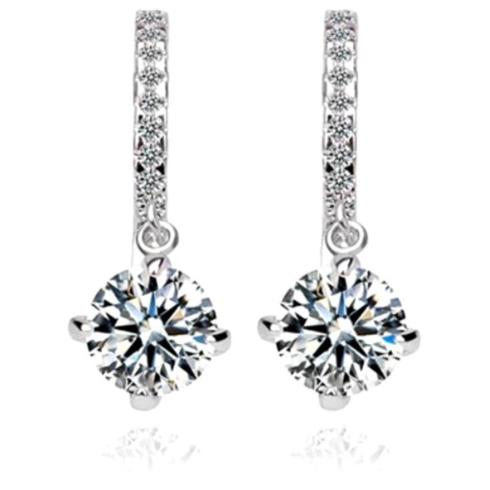 ~NEW~ 18K White Gold Dangle Hoop Diamond Earrings